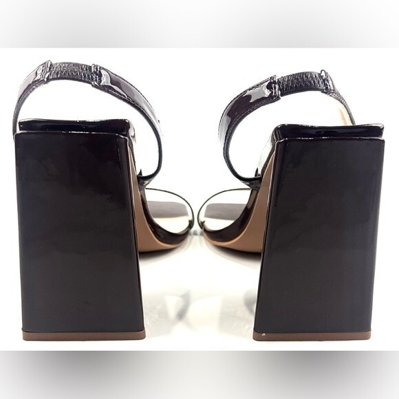 Pretty Little Thing Brown Wide Fit Pu Patent Triangle Block Heeled Sandals Sz 7 - Picture 3 of 12